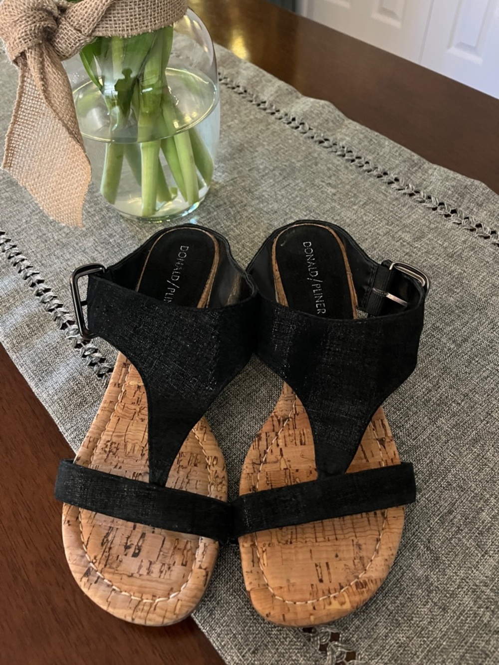 Donald J. Pliner Black Cork-Effect T-Strap Sandals